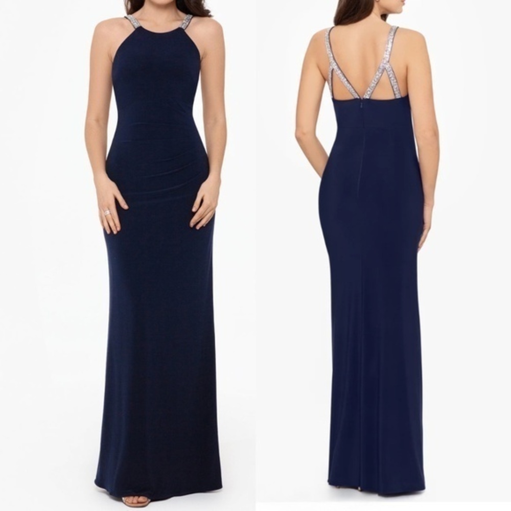 Betsy‎ & Adam. Jayleen High Neck Jeweled Back Gown.
